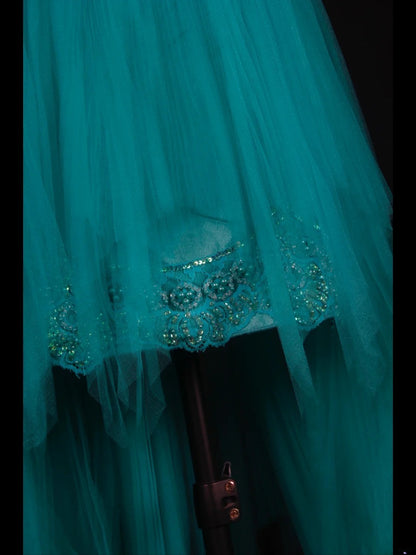 Retro 60s A line High Low Scoop Neck Blue Tulle With Pearls Beads Lace Prom Dresses Inspo 22th Birthday Outfit Formal Gown AS351