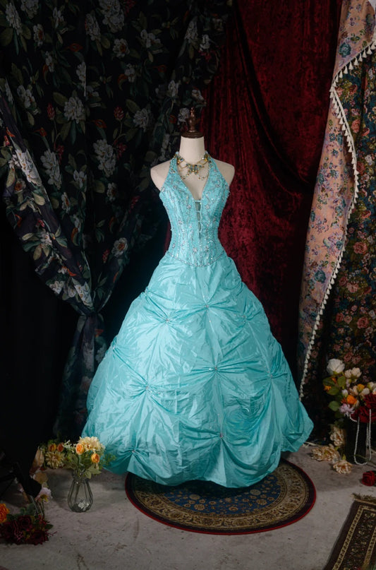 Vintage 80s Ball Gown Halter Tiffany Blue With Silver Beading y2k High School Dances Prom Dresses Formal Outfits Evening Gown RB8574