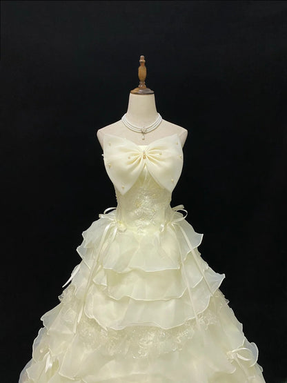 Princess Ball Gown Strapless Yellow Poofy Long With Ruffled Lace Quince Dress inspo Quinceanera Dresses Sweet 15 16 Outfits RB7805