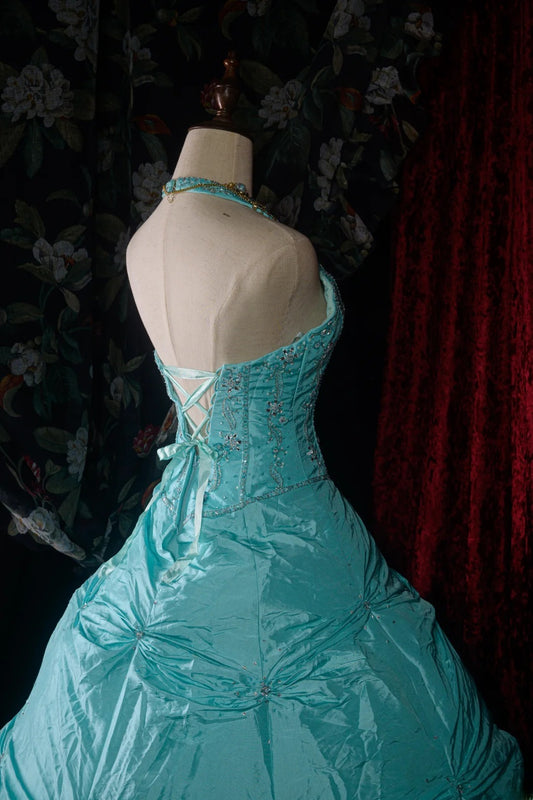 Vintage 80s Ball Gown Halter Tiffany Blue With Silver Beading y2k High School Dances Prom Dresses Formal Outfits Evening Gown RB8574