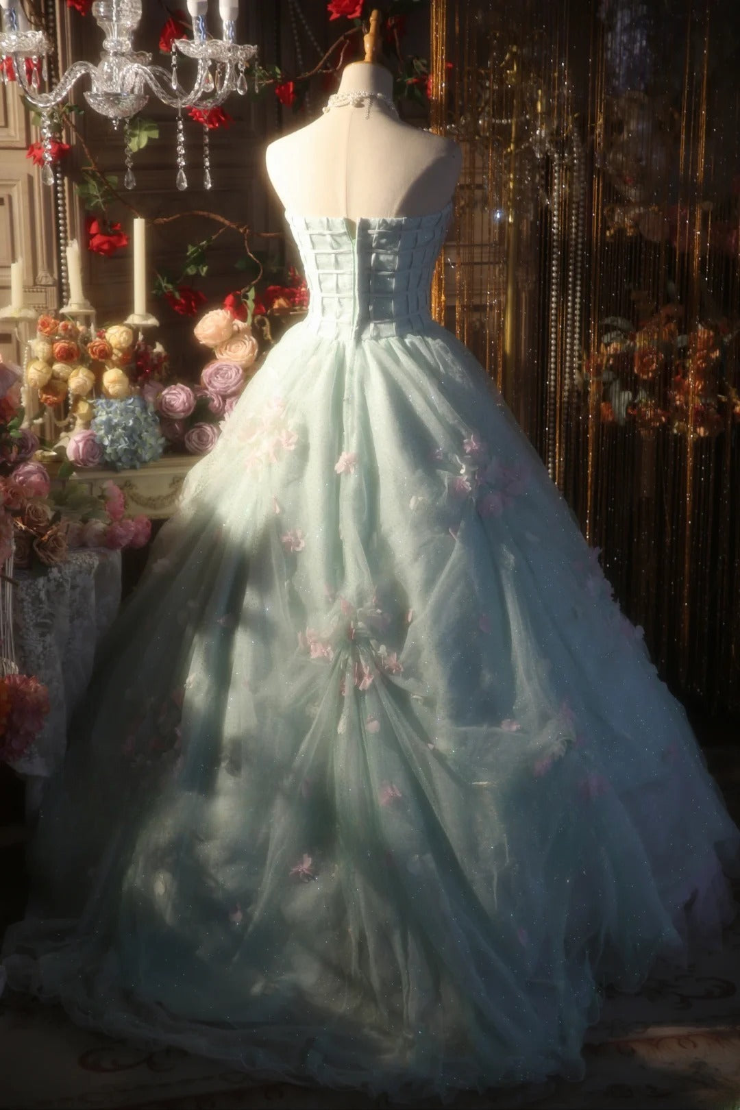 Light Mint Green Sweet 16 Dress Ball Gown Sweetheart With 3D Flowers Sweet Sixteen Princess Dress RB9399