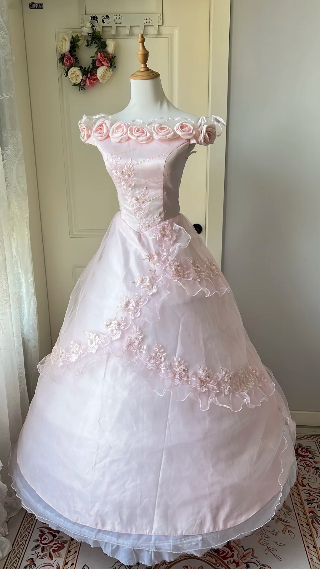 Sweet 15 Quinceanera Dress Ball Gown Off The Shoulder Pink With Flowers Lace Long 16th Birthday Outfits RC0676