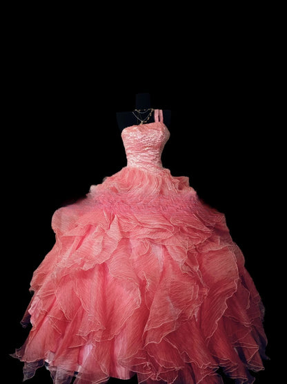 One Shoulder Pink Tiered Layers Tulle Sweet 16 Dress Ball Gown Sweet Sixteen Dress RC0060