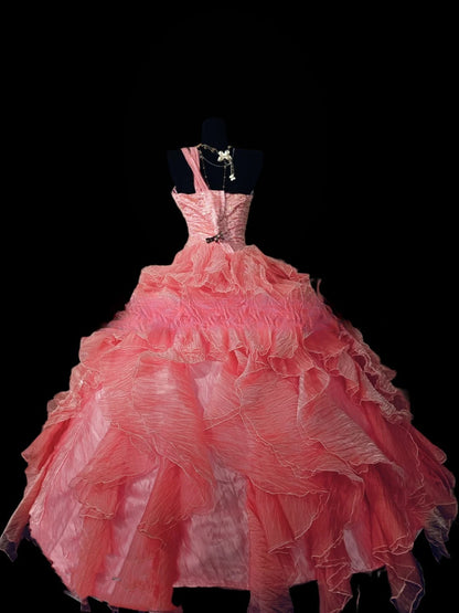One Shoulder Pink Tiered Layers Tulle Sweet 16 Dress Ball Gown Sweet Sixteen Dress RC0060