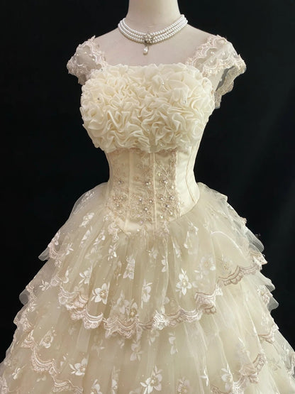 Princess Ball Gown Square Neck Cream Ivroy Poofy Long With Ruffled Tiered Lace Quince Dress inspo Quinceanera Dresses Sweet 15 16 Outfits RB7806