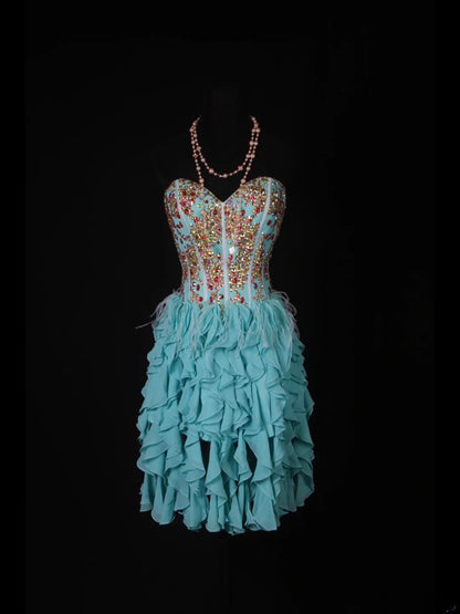 Vintage A line Sweetheart Blue Chiffon With Gold Beads Short 16th Birthday Dress Homecoming Dresses Cocktail Gown AS353