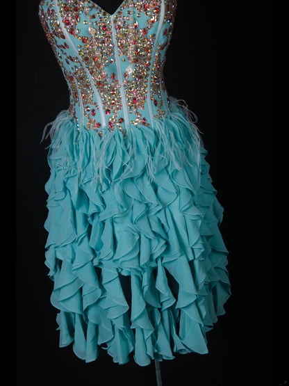Vintage A line Sweetheart Blue Chiffon With Gold Beads Short 16th Birthday Dress Homecoming Dresses Cocktail Gown AS353