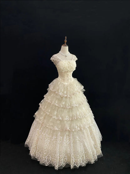 Princess Ball Gown Square Neck Cream Ivroy Poofy Long With Ruffled Tiered Lace Quince Dress inspo Quinceanera Dresses Sweet 15 16 Outfits RB7806