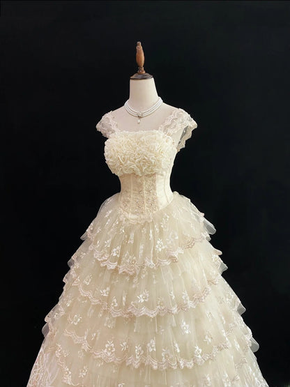 Princess Ball Gown Square Neck Cream Ivroy Poofy Long With Ruffled Tiered Lace Quince Dress inspo Quinceanera Dresses Sweet 15 16 Outfits RB7806