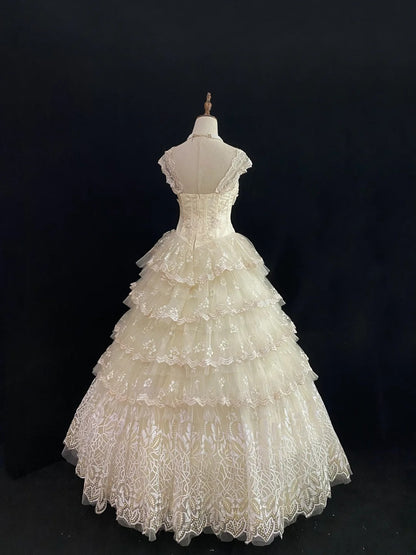 Princess Ball Gown Square Neck Cream Ivroy Poofy Long With Ruffled Tiered Lace Quince Dress inspo Quinceanera Dresses Sweet 15 16 Outfits RB7806