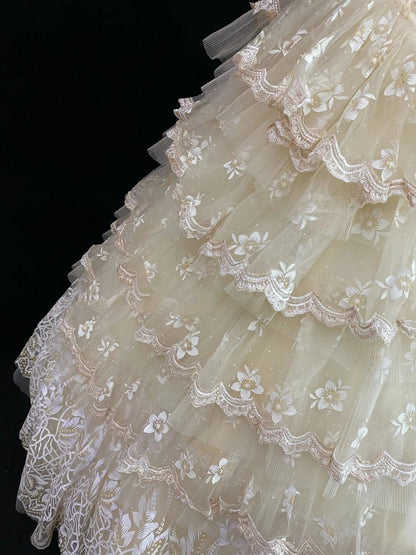 Princess Ball Gown Square Neck Cream Ivroy Poofy Long With Ruffled Tiered Lace Quince Dress inspo Quinceanera Dresses Sweet 15 16 Outfits RB7806