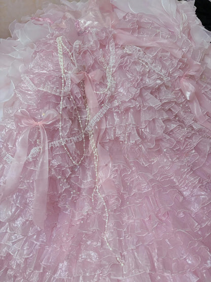 Luxury Pink Ball Gown Strapless Poofy Long With Ruffled Tiered Lace Quince Dress inspo Quinceanera Dresses Sweet 15 16 Outfits RB7807