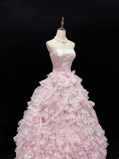 Luxury Pink Ball Gown Strapless Poofy Long With Ruffled Tiered Lace Quince Dress inspo Quinceanera Dresses Sweet 15 16 Outfits RB7807