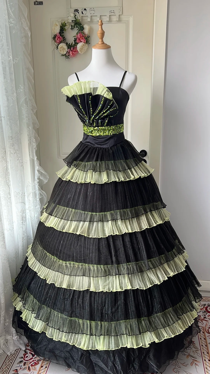 Sweet 15 Quinceanera Dress Ball Gown Spaghetti Straps Yellow Black With Tiered Layers Long 16th Birthday Outfits RC0678