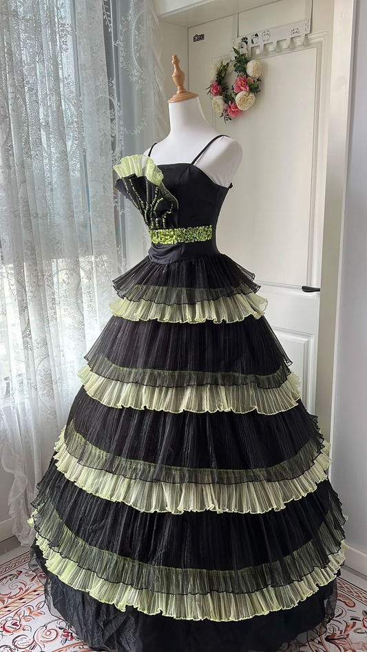Sweet 15 Quinceanera Dress Ball Gown Spaghetti Straps Yellow Black With Tiered Layers Long 16th Birthday Outfits RC0678