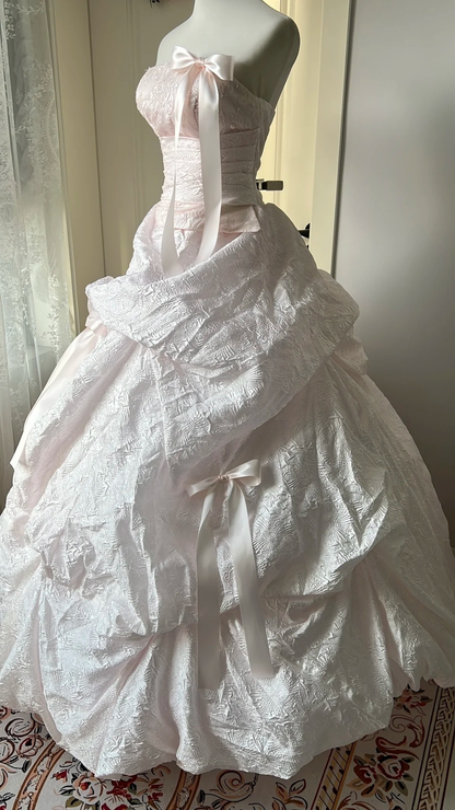 Pretty Sweet 16 Dress Long Strapless Pink With Bow-knot Satin Ball Gown Sweet Sixteen Party Birthday Dresses RC0679