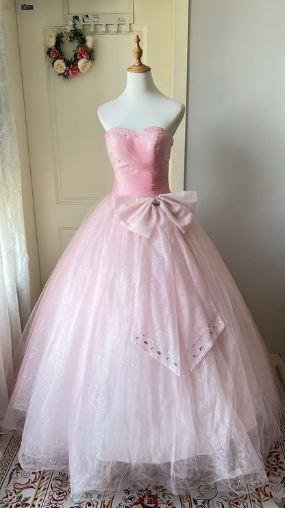 Cute Sweet 16 Dress Long Sweetheart Pink With Bow-knot Tulle Ball Gown Sweet Sixteen Party Birthday Dresses RC0680