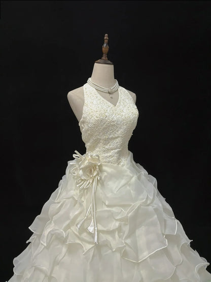 Vintage 70s Ball Gown Halter Ivory Lace Sweep Train With Tiered Layers Brides Gown Bridal Dress Wedding Dresses RB7811