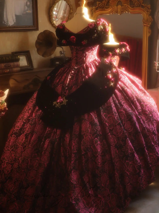 Rosa Ballkleid zum 16. Geburtstag, schulterfrei, mit 3D-Blumenapplikationen, Prinzessinnenkleid für Sweet Sixteen RB9400