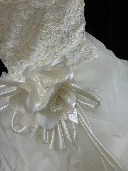 Vintage 70s Ball Gown Halter Ivory Lace Sweep Train With Tiered Layers Brides Gown Bridal Dress Wedding Dresses RB7811