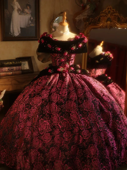 Pink Sweet 16 Dress Ball Gown Off Shoulder Floral With 3D Flowers Sweet Sixteen Princess Dress RB9400