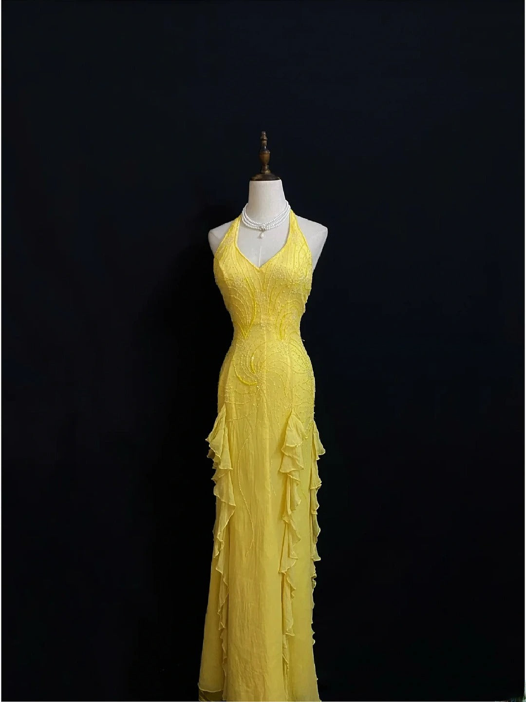 Vintage 90s Mermaid Halter Chiffon Yellow With Beading Long Prom Dresses Formal Outfit Evening Night Dress RB7812