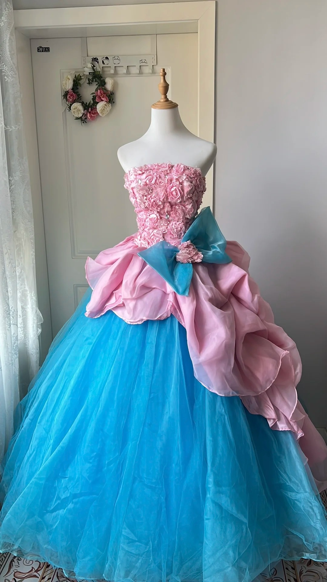 Cute Sweet 16 Dress Long Strapless Blue With Bow-knot Floral Tulle Ball Gown Sweet Sixteen Party Birthday Dresses RC0682