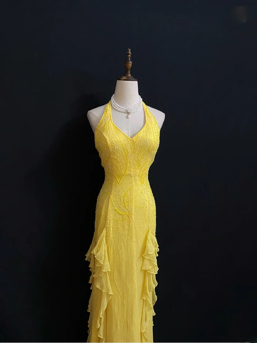 Vintage 90s Mermaid Halter Chiffon Yellow With Beading Long Prom Dresses Formal Outfit Evening Night Dress RB7812