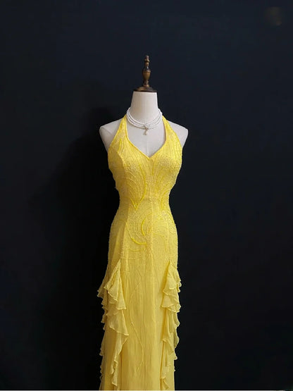 Vintage 90s Mermaid Halter Chiffon Yellow With Beading Long Prom Dresses Formal Outfit Evening Night Dress RB7812