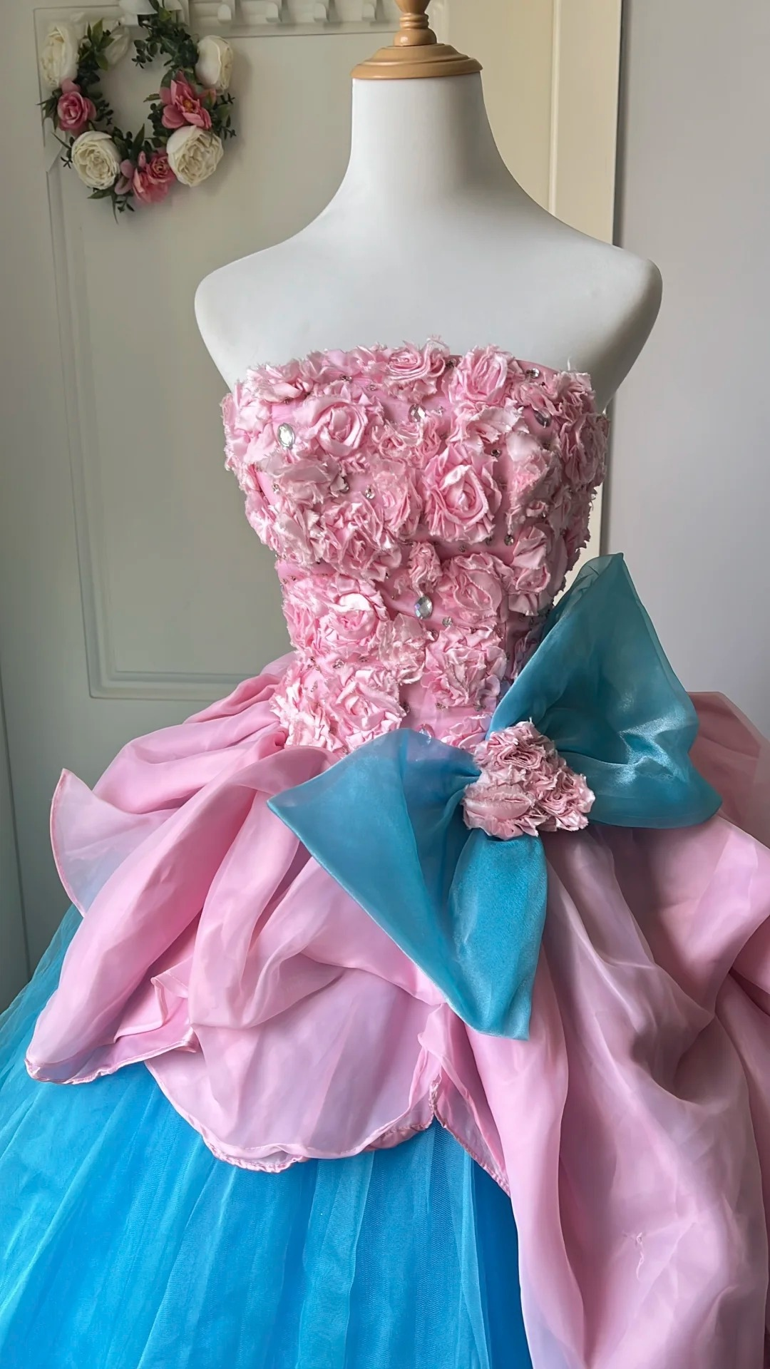 Cute Sweet 16 Dress Long Strapless Blue With Bow-knot Floral Tulle Ball Gown Sweet Sixteen Party Birthday Dresses RC0682