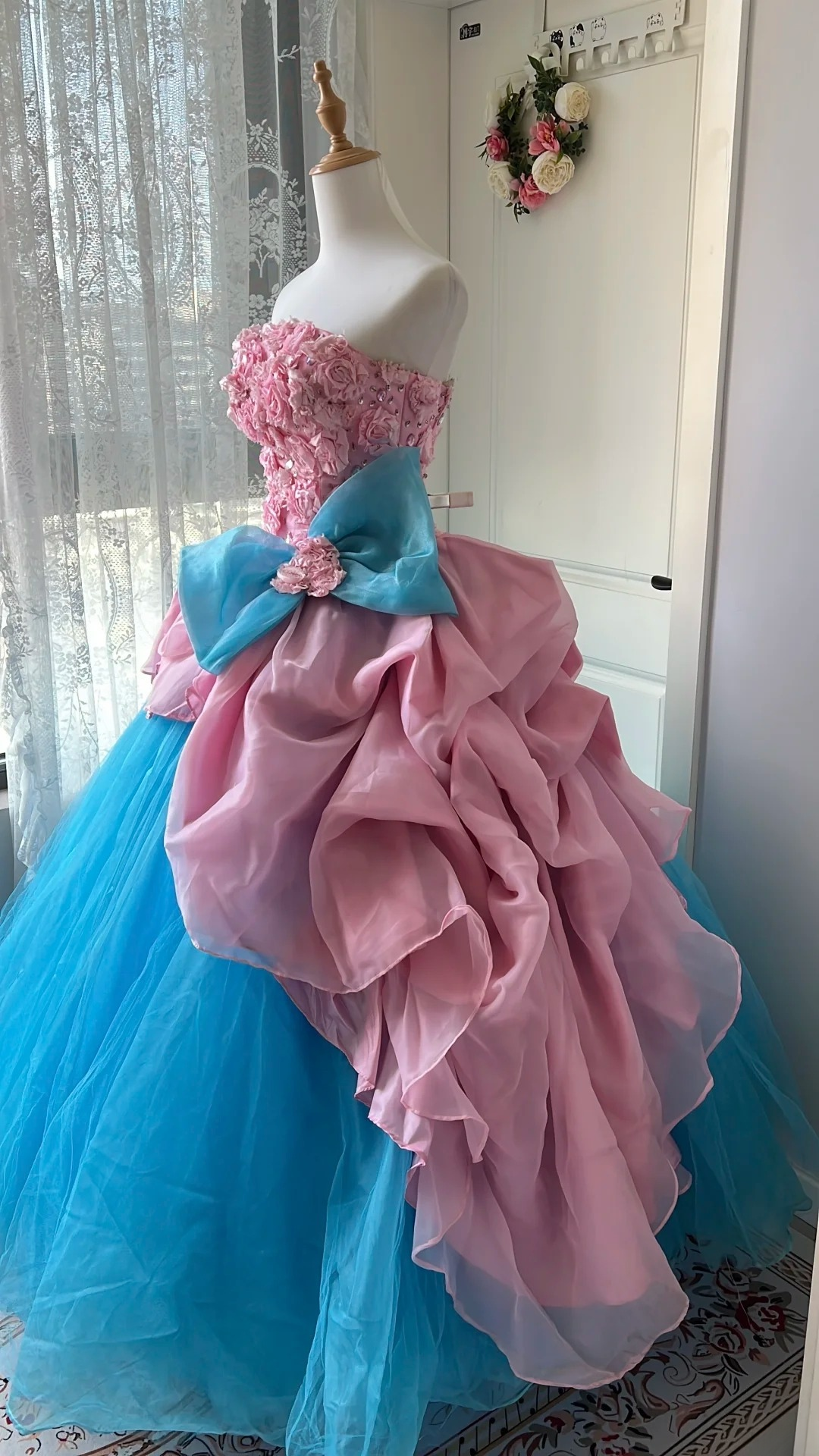 Cute Sweet 16 Dress Long Strapless Blue With Bow-knot Floral Tulle Ball Gown Sweet Sixteen Party Birthday Dresses RC0682