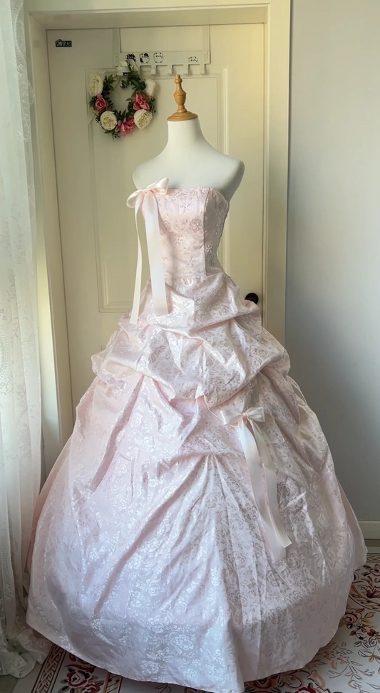 Cute Sweet 16 Dress Long Strapless Pink With Bow-knot Satin Ball Gown Sweet Sixteen Party Birthday Dresses RC0683