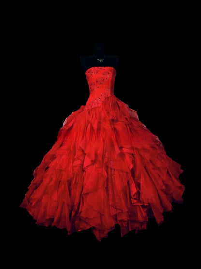 Sexy Ball Gown Strapless Red With Tiered Long Prom Dress Inspiration Party For Womens Formal Dresses RB8816