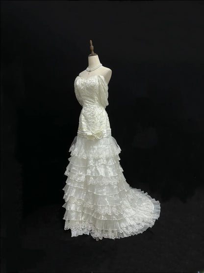 Beautiful Mermaid Off The Shoulder White Lace Vintage With Tiered Layers Long Groom Bride Gown Bridal Dress Modest Wedding Dresses RB7813