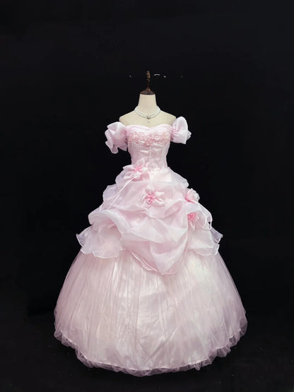 Luxury Ball Gown Off The Shoulder Pink Poofy Long With Ruffled Tiered Quince Dress inspo Quinceanera Dresses Sweet 15 16 Outfits RB7814
