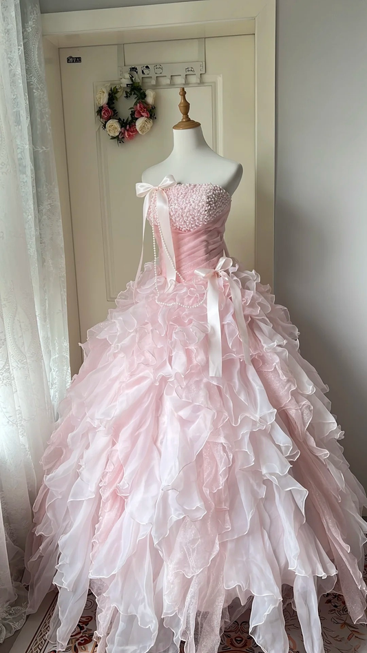 Sweet 15 Quinceanera Dress Ball Gown Strapless Pink With Tiered Layers Long 16th Birthday Outfits RC0685