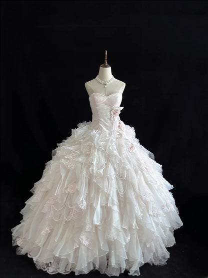 Luxury Ball Gown Sweetheart Light Pink Poofy Long With Ruffled Tiered Flowers Quince Dress inspo Quinceanera Dresses Sweet 15 16 Outfits RB7815