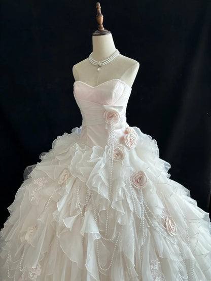 Luxury Ball Gown Sweetheart Light Pink Poofy Long With Ruffled Tiered Flowers Quince Dress inspo Quinceanera Dresses Sweet 15 16 Outfits RB7815