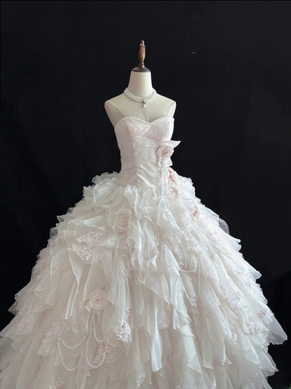 Luxury Ball Gown Sweetheart Light Pink Poofy Long With Ruffled Tiered Flowers Quince Dress inspo Quinceanera Dresses Sweet 15 16 Outfits RB7815