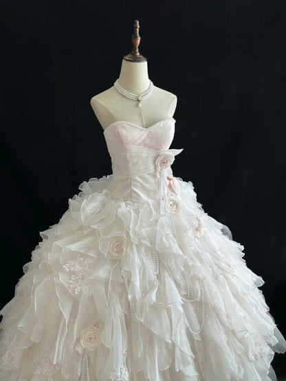 Luxury Ball Gown Sweetheart Light Pink Poofy Long With Ruffled Tiered Flowers Quince Dress inspo Quinceanera Dresses Sweet 15 16 Outfits RB7815