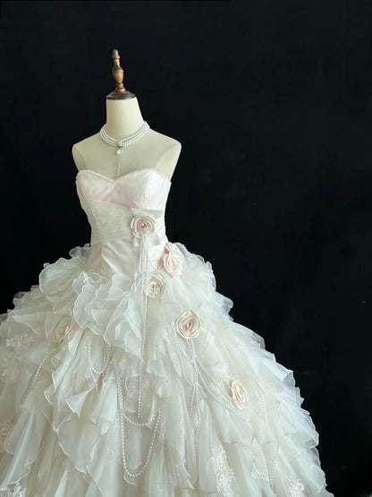 Luxury Ball Gown Sweetheart Light Pink Poofy Long With Ruffled Tiered Flowers Quince Dress inspo Quinceanera Dresses Sweet 15 16 Outfits RB7815