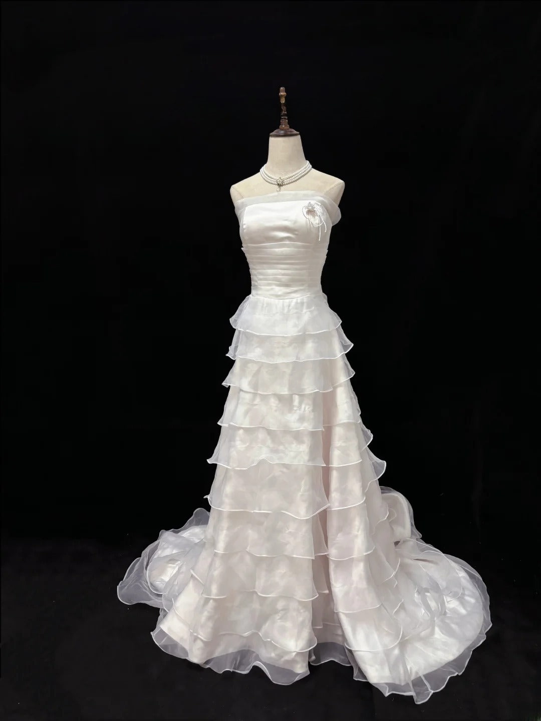 Vintage 90s A Line Strapless Light Pink With Tiered Long Prom Dresses Formal Outfit Evening Night Dress RB7817