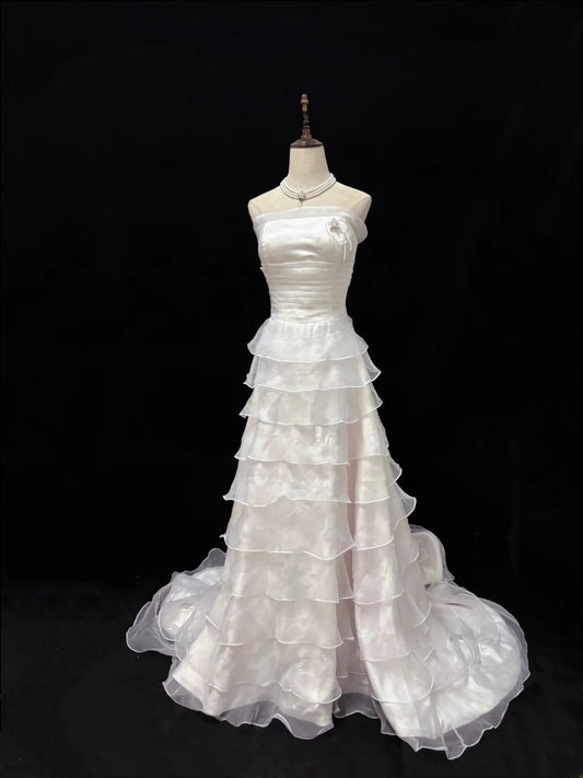 Vintage 90s A Line Strapless Light Pink With Tiered Long Prom Dresses Formal Outfit Evening Night Dress RB7817