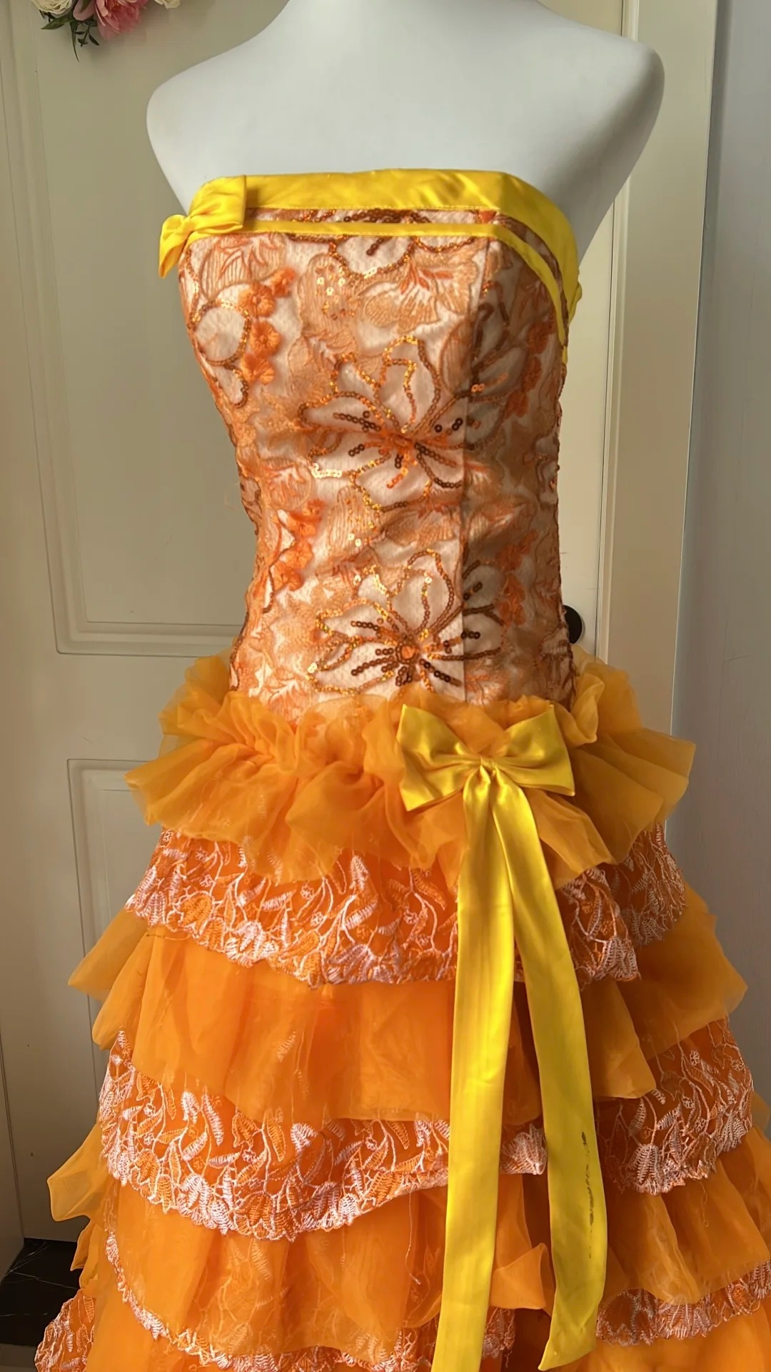 Modest Prom Dresses Aesthetic A line Orange Strapless Tulle Lace Long Evening Outfits RC0686