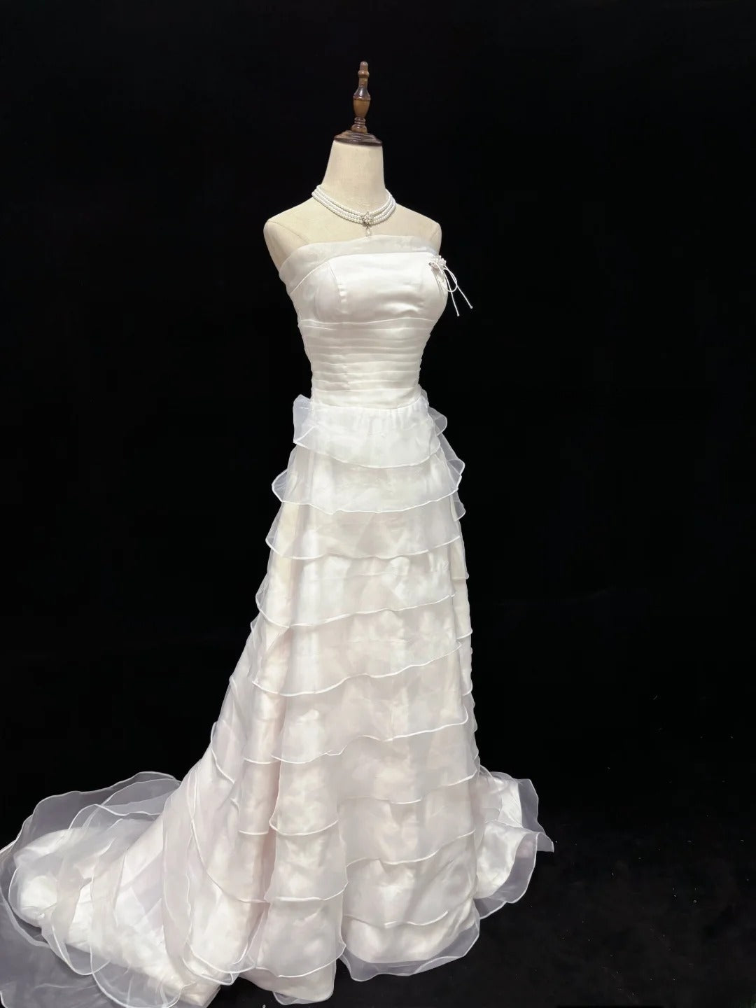 Vintage 90s A Line Strapless Light Pink With Tiered Long Prom Dresses Formal Outfit Evening Night Dress RB7817
