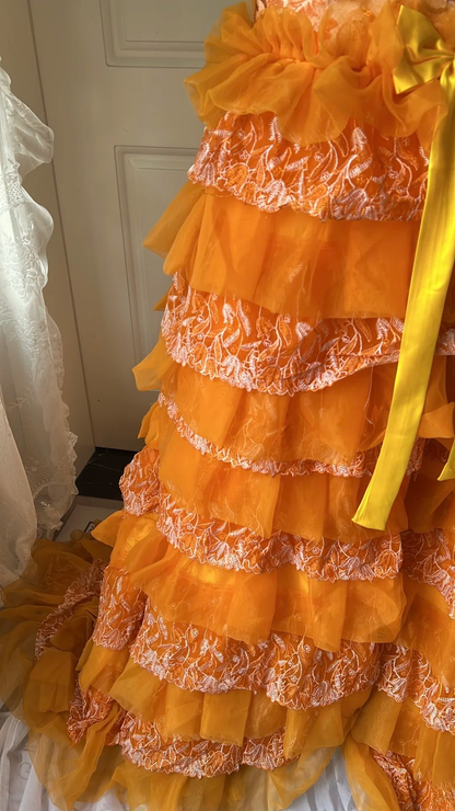 Modest Prom Dresses Aesthetic A line Orange Strapless Tulle Lace Long Evening Outfits RC0686
