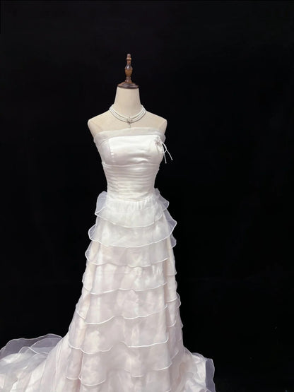 Vintage 90s A Line Strapless Light Pink With Tiered Long Prom Dresses Formal Outfit Evening Night Dress RB7817