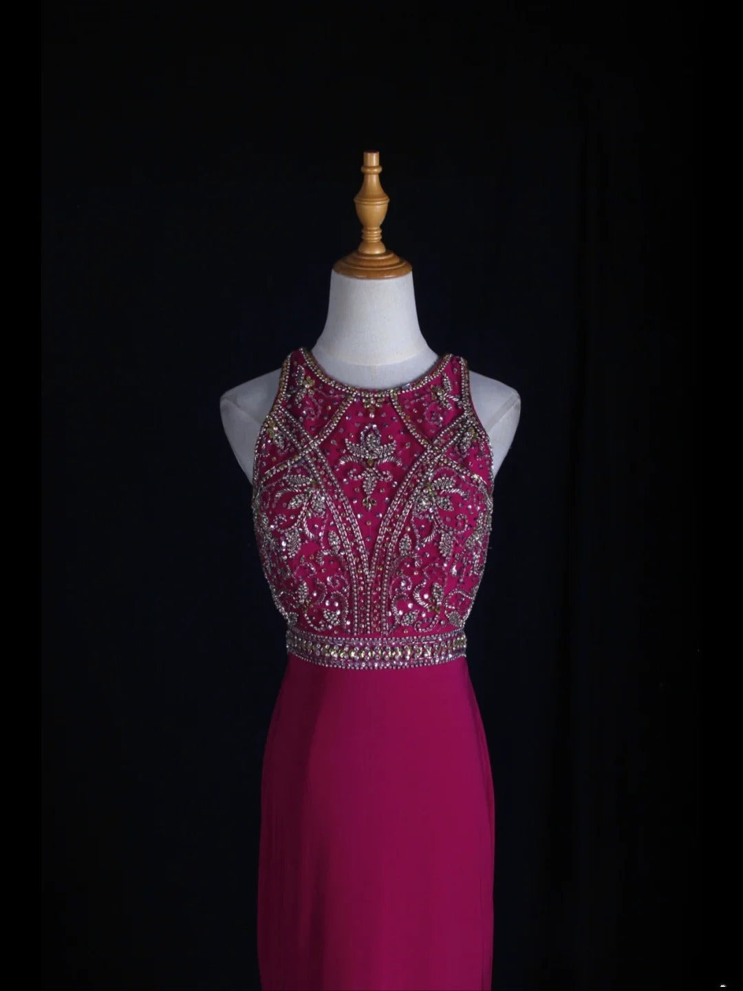 Vintage Meerjungfrauenkleid im 80er-Jahre-Stil, rückenfrei, pink mit Perlenbesatz und offenem Rücken, Inspiration für lange Ballkleider, Geburtstagsoutfits, Abendkleider AS364