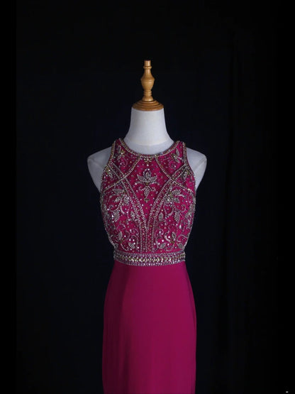 Vintage Meerjungfrauenkleid im 80er-Jahre-Stil, rückenfrei, pink mit Perlenbesatz und offenem Rücken, Inspiration für lange Ballkleider, Geburtstagsoutfits, Abendkleider AS364