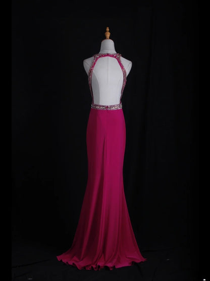 Vintage Meerjungfrauenkleid im 80er-Jahre-Stil, rückenfrei, pink mit Perlenbesatz und offenem Rücken, Inspiration für lange Ballkleider, Geburtstagsoutfits, Abendkleider AS364